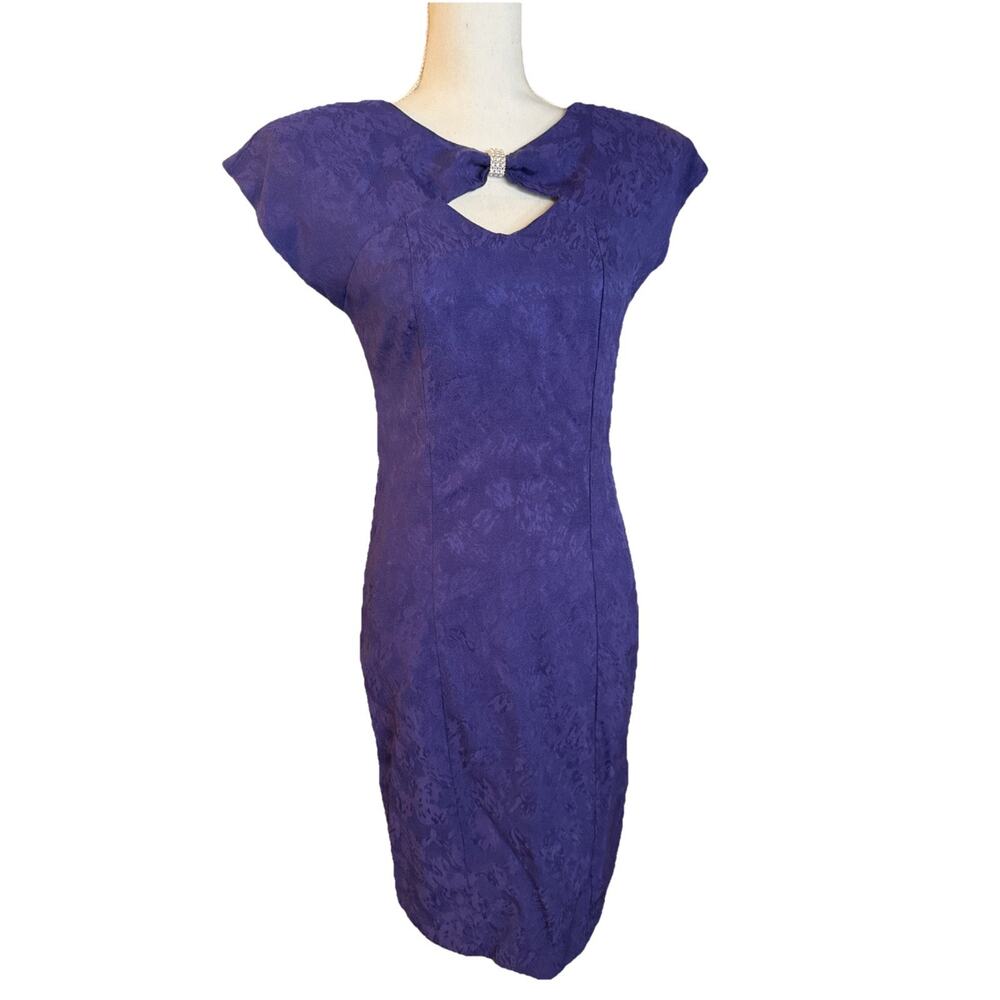 Vintage 90s STASH Dress Purple Knee Length Glam Rock W/Jewel Cutout Brocade S?